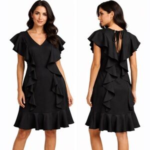 English Factory Womens Black Sleeveless Ruffle Short Knee Length Dress Large NEW